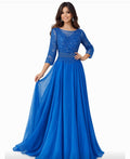 Royal Blue Beaded Evening Gown with sheer sleeves- Elegant Formal Dress