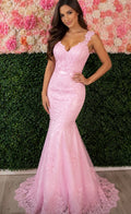 Pink Lace Mermaid Evening Gown